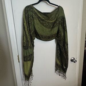 Pashmina Olive and Black Paisley Fringe Wrap